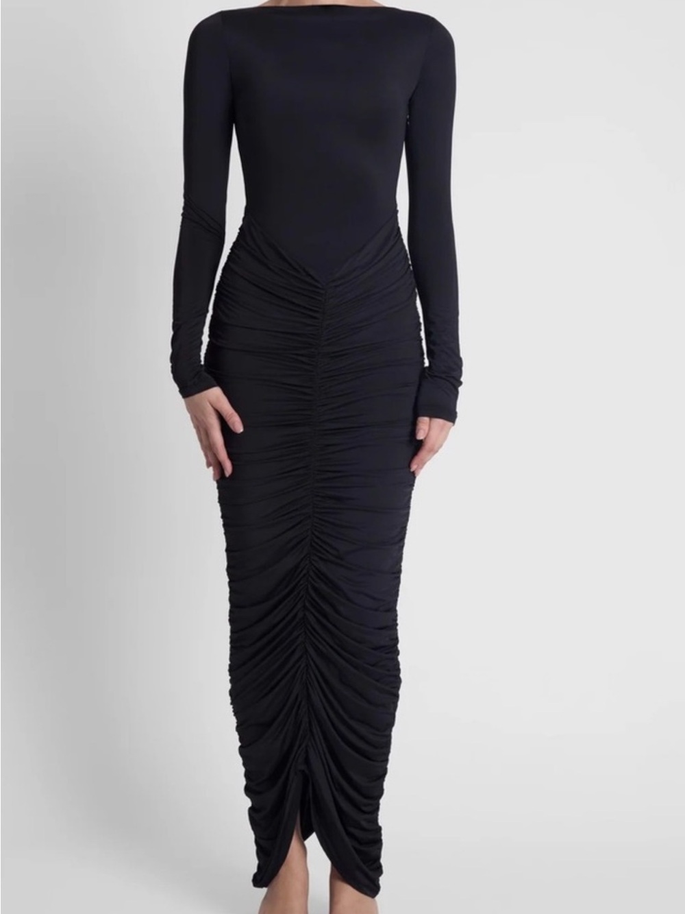LEAU Long Black Ruched Bodycon Dress